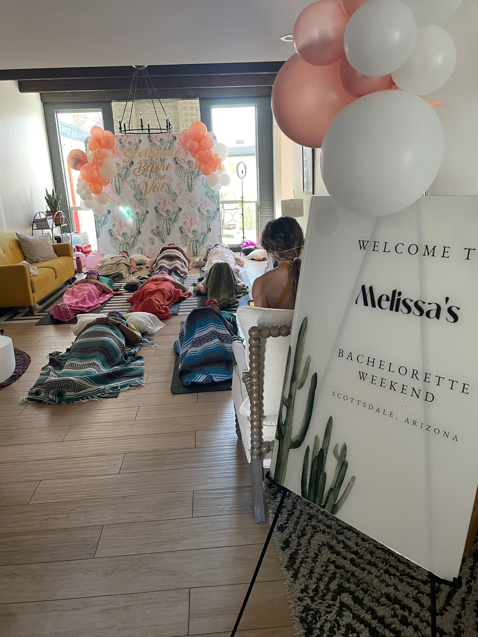Bachelorette party breathwork session setup in Scottsdale Airbnb