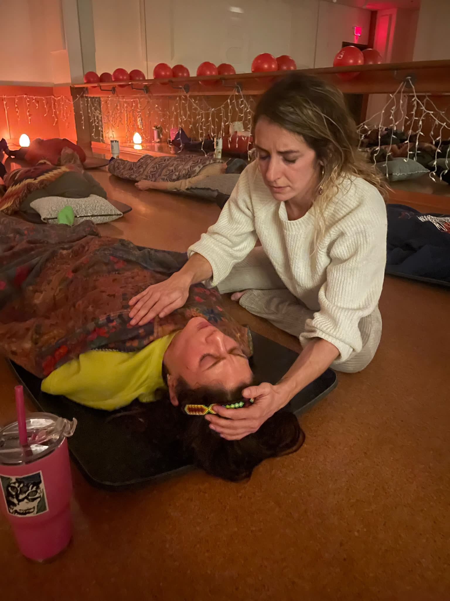 Calm Breathwork session with breathers resting quietly, no screaming or dramatic release required