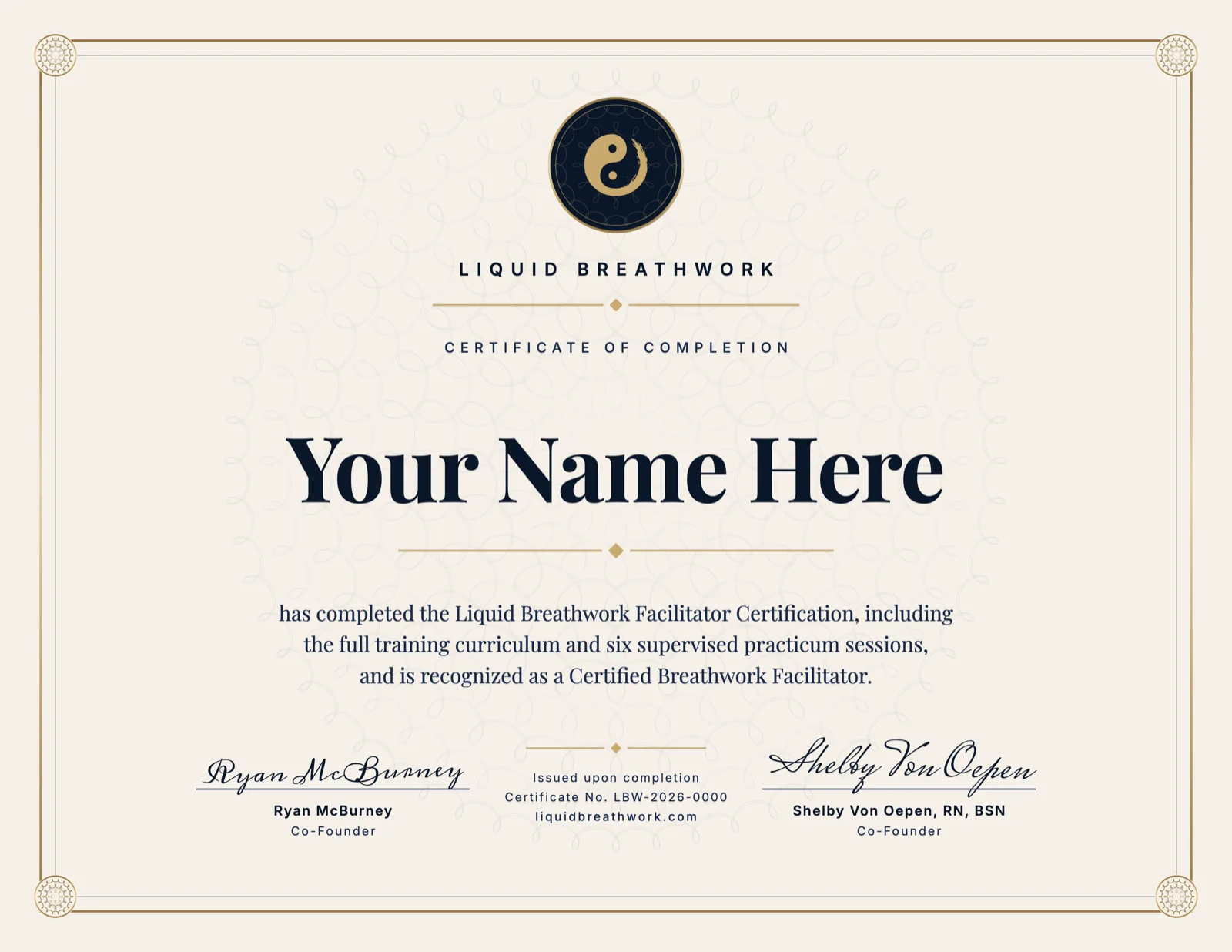Breathwork certification certificate of completion from Liquid Breathwork, sample