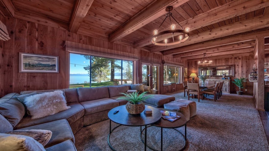 Lakefront great room with Lake Tahoe views at the retreat cabin